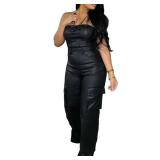 REASERAL Womens PU Leather Jumpsuit Sexy Off the Shoulder Top Tight Waist Cargo Pants Bodysuit