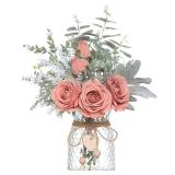Faux Flowers with Vase,Artificial Silk Roses in Vase, Fake Plant Eucalyptus Flower Arrangement for Home Office Farmhouse Bathroom Dining Table Centerpiece Decorations Coffee Table Decor (Dusty Pink)