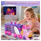 VATOS Toddler Truck Car Toys for 3 4 5 6 Year Old Girls, Foldable Race Track Toy with 6 Race Cars, Portable Transport Carrier Truck with Light & Music, Princess Toys Cars Gift for Kids Girls