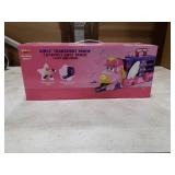 VATOS Toddler Truck Car Toys for 3 4 5 6 Year Old Girls, Foldable Race Track Toy with 6 Race Cars, Portable Transport Carrier Truck with Light & Music, Princess Toys Cars Gift for Kids Girls