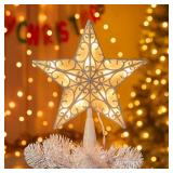 Christmas Star Tree Topper, Plug in Sliver Glittered 3D Star Tree Topper, Metal Hollow Designed Built-in 10 Bulbs String Lights for Indoor Christmas New Year Holiday Tree Decoration, White Base