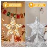 Christmas Star Tree Topper, Plug in Sliver Glittered 3D Star Tree Topper, Metal Hollow Designed Built-in 10 Bulbs String Lights for Indoor Christmas New Year Holiday Tree Decoration, White Base