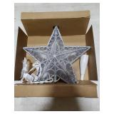 Christmas Star Tree Topper, Plug in Sliver Glittered 3D Star Tree Topper, Metal Hollow Designed Built-in 10 Bulbs String Lights for Indoor Christmas New Year Holiday Tree Decoration, White Base