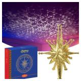 2025 Upgraded Christmas Tree Topper Projector Light with Rotating Bright LED & Wide Coverage, Universal Fit for Any Height Tree, Easy Install, Stable Base, Holiday & Party Decorations (Starlight Gold)
