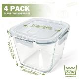 Soup Containers with Lids Glass 32 oz, 4 Cup Borosilicate Glass Food Storage Containers, Microwave & Freezer Safe Jars, Small Square Meal Prep Bowl for Salad, Fruit, Lunch, Ice Cream, Travel, 4 Pack