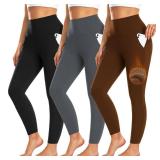 3 Pack Fleece Lined Leggings Women with Pockets -Warm Winter Yoga Pants for Women Thermal Running Workout Leggings L/XL