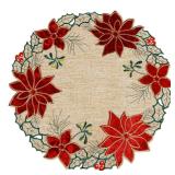 OWENIE Christmas Poinsettia Round Placemats, Embroidered Applique Placemats Set of 4, Red Velvet Poinsettia Flower Linen Table Mats, Machine Washable (15 RD Set of 4)