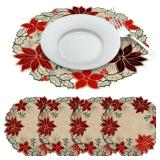 OWENIE Christmas Poinsettia Round Placemats, Embroidered Applique Placemats Set of 4, Red Velvet Poinsettia Flower Linen Table Mats, Machine Washable (15 RD Set of 4)