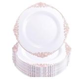 Morejoy 100 Pieces Rose Gold Plastic Plates - Rose Gold Disposable Plates - 10.25inch White Plastic Dinner Plates With Rose Gold Rim for Weddings & Parties & Shower