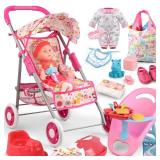 Baby Doll Stroller Set Toys for Girls Toddlers 3-5 4-6 Gifts,Baby Doll Set with 12.5 inch Doll,1 Baby Dining Chair,20 PCS Baby Doll Accessories and 2 Sets Doll Clothes for Realistic Pretend Play