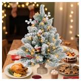 ININ 2FT Pre-lit Mini Christmas Snow Flocked Tree,Tabletop Artificial Christmas Tree with LED Lights, Small Xmas Pine Tree with Cloth Bag Base for Christmas Decor,12 Clusters Berry & 8 Pinecones