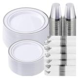 Goodluck 350 Piece Silver Plastic Dinnerware Set for 50 Guests, Fancy Disposable Plates for Party, Include: 50 Dinner Plates, 50 Dessert Plates, 50 Pre Rolled Napkins with Silver Silverware, 50 Cups