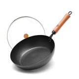 WANGYUANJI 11-Inch Carbon Steel Frying Pan with Beech Wooden Handle & Glass Lid - Physical Non-Stick, Non-Coating Skillet for Induction, Sauteing, Frying, Stir-Frying