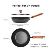 WANGYUANJI 11-Inch Carbon Steel Frying Pan with Beech Wooden Handle & Glass Lid - Physical Non-Stick, Non-Coating Skillet for Induction, Sauteing, Frying, Stir-Frying