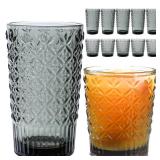 Grey Drinking Glasses Set , 14 Oz Highball & 10 Oz Cocktail Glasses, Grey Kitchen Vintage Glassware Set, Floral Embossed Glass Tumbler Cups for Juice, Whiskey, Water, Beer, Coffee