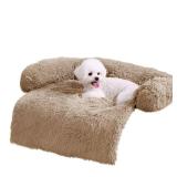HACHIKITTY Calming Pet Sofa Bed Mat, Washable Plush Couch Cover, Furniture Protector Mat for Dogs and Cats, Fluffy Dog Couch Bed with Anti-Slip Bottom (40x 38x 6, Camel)