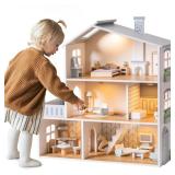 ROBOTIME Wooden Dollhouse, Wooden Doll House with 29 Pieces of Furniture, 6 Rooms Fits 4-6 Inch Dolls, Gift for Kids Ages 3+ - Retail: $97