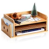 ZOOFOX 3-Tier Paper Letter Tray, Wood Letter File Folder Holder with 3 Trays and 2 Vertical Section, Cute Cat-Shaped Paper Tray for Home Office School