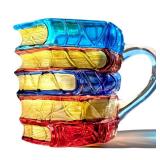 Hand-Painted Book Design Glass Coffee Mug, 7oz, Red and Blue Vintage Pattern, Tea Cup with Handle for Readers, Bookworm, Ideal Gift for Christmas, Birthday (Small) HANDLE CHIPPED AND CRACKED