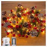 Christmas Pine Lighted Garland Decor, 9.8 Ft 60 LEDs Red Berry Pine Cone Battery Operated Christmas Garland Lights with 8 Modes, Remote Control for Mantle Fireplace Stairs Xmas Tree Indoor Decor