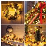 Christmas Pine Lighted Garland Decor, 9.8 Ft 60 LEDs Red Berry Pine Cone Battery Operated Christmas Garland Lights with 8 Modes, Remote Control for Mantle Fireplace Stairs Xmas Tree Indoor Decor