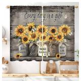 Famiffty Farmhouse Vintage Country Sunflower Kitchen Curtains 27.5W X 39L Inch 2 Panels Rod Pocket Brown Rustic Yellow Floral Inspirational Small Short Cafe Tier Cottage Window Drapes Treatment Decor