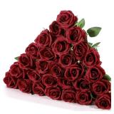 Hotop 20 Pcs Artificial Rose Flowers with Long Stem,Real Touch Silk Realistic Plastic Bouquet Roses Bulk for Home Decor Bridal Wedding Party Table Centerpieces Decorations(Wine Red)