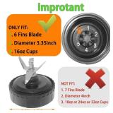 Ninja Blender Replacement Parts Compatible with BL770 BL660 BL663 BL663CO BL665Q BL740, 2 Pack Single Serve Ninja Blender 16oz Cups with Sip & Seal Lids &6 Fins Ninja Blender Blade Assembly *1 lid
