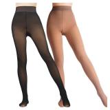 Caprilite 2 Pairs Women Fleece Lined Tights-Fake Translucent Leggings High Waist Pantyhose Sheer Thick Warm Tights For Women