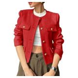 Cicy Bell Womens Cropped Tweed Blazers Jacket Collarless Button Down Business Casual Winter Coats 2026 Spring Outfits Red Large