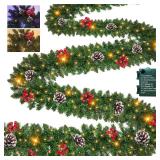 Prelit 50 LED - 9 Ft by 10 Inch Christmas Garland with Lights 12 Modes Timer, Thick 270 Realistic Tips 110 Berries 10 Pine Cone Warm White & Multicolored Lights Xmas Garland for Mantle Stairs Outdoor