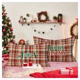 Lanpn Christmas Queen Pillowcase 20x30 Set of 2, Red Joy Christmas Decorative Lumbar Pillow Cases 20 x 30 Long Rectangle Accent Queen Shams Throw Bed Pillow Covers Xmas Cushion Cover 2 Pack