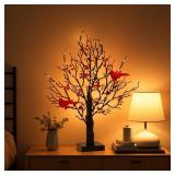 Vintage Glowing Tree with Cardinal, Christmas Cardinal Decorations, Red Bird Trees Lighted Branches, Christmas Tree with Berries for Tabletop Centerpiece Decorations Holiday Party, Indoor Office