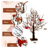 Vintage Glowing Tree with Cardinal, Christmas Cardinal Decorations, Red Bird Trees Lighted Branches, Christmas Tree with Berries for Tabletop Centerpiece Decorations Holiday Party, Indoor Office
