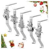 Stocking Holders for Mantle, Set of 5 Christmas Stocking Holders for Fireplace, Stocking Hangers for Mantel, Snowflake Reindeer Tree Santa Stocking Hooks for Christmas Mantel Decoration, Silver