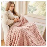 NEWCOSPLAY Super Soft Twin Blanket Pink Premium Silky Flannel Fleece 3D Clouds Stylish Jacquard Lightweight Bed Blanket All Season Use 350GSM (Pink, Twin(60x80))