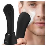 PRITECH Facial Cleansing Brush, Rechargeable Silicone Face Scrubber with Heat Massage End, Vibrating Exfoliator Scrubber for Deep Cleaning, Waterproof Face Brush for Women and Men (Black)