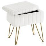 Greenstell Vanity Stool Chair Faux Fur with Storage, 15.7L x 11.8W x 19.4H Soft Ottoman 4 Metal Legs with Anti-Slip Feet, Furry Padded Seat, Modern Multifunctional Chairs for Makeup, Bedroom White