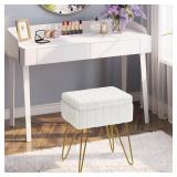 Greenstell Vanity Stool Chair Faux Fur with Storage, 15.7L x 11.8W x 19.4H Soft Ottoman 4 Metal Legs with Anti-Slip Feet, Furry Padded Seat, Modern Multifunctional Chairs for Makeup, Bedroom White