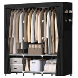 LOKEME Wardrobe Closet,Portable Closet for Bedroom Steel Pipe Diameter 19mm Strong and Sturdy Black Portable Closets for Hanging Clothes with 3 Hanging rods, 6 Storage Shelves and Side Pockets