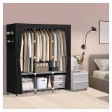 LOKEME Wardrobe Closet,Portable Closet for Bedroom Steel Pipe Diameter 19mm Strong and Sturdy Black Portable Closets for Hanging Clothes with 3 Hanging rods, 6 Storage Shelves and Side Pockets