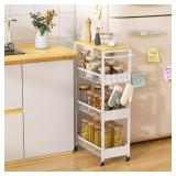 Vincona Slim Rolling Storage Cart, 4 Tier Metal Narrow Utility Cart with Handle and Wood Top, Multifunctional Small Mobile Shelf Unit Organizer Trolley for Laundry, Bathroom, Kitchen