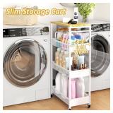 Vincona Slim Rolling Storage Cart, 4 Tier Metal Narrow Utility Cart with Handle and Wood Top, Multifunctional Small Mobile Shelf Unit Organizer Trolley for Laundry, Bathroom, Kitchen