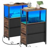 TUTOTAK Small Narrow LED End Table with Charging Station, Side Table Outlets, Nightstand with 2 Cloth Drawers, Set of 2, Couch Table, for Living Room, Bedroom, Bedside, Brown TB01BB056