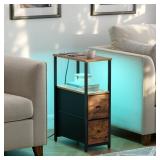 TUTOTAK Small Narrow LED End Table with Charging Station, Side Table Outlets, Nightstand with 2 Cloth Drawers, Set of 2, Couch Table, for Living Room, Bedroom, Bedside, Brown TB01BB056