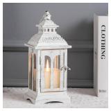 DECORKEY Lanterns Decorative Indoor & Outdoor, Medium Hanging Home Decor, Vintage Metal Decorative Candle Lanterns for Outdoor Patio Wedding Party White with Black Brush