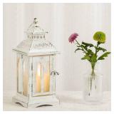 DECORKEY Lanterns Decorative Indoor & Outdoor, Medium Hanging Home Decor, Vintage Metal Decorative Candle Lanterns for Outdoor Patio Wedding Party White with Black Brush