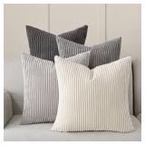 Volcanics Set of 4 Neutral Grey Corduroy Decorative Couch Throw Pillow Covers 18x18 Inch, Western Modern Farmhouse Striped Cushion Cases, Soft Boho Square Accent Pillow Covers for Home Sofa