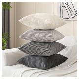 Volcanics Set of 4 Neutral Grey Corduroy Decorative Couch Throw Pillow Covers 18x18 Inch, Western Modern Farmhouse Striped Cushion Cases, Soft Boho Square Accent Pillow Covers for Home Sofa
