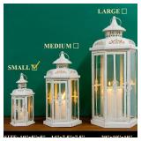 JHY DESIGN Decorative Candle lantern-10inch High Vintage Style Hanging Lantern Metal Candleholder for Indoor Outdoor Events Parities and Weddings (White with Gold Brush)